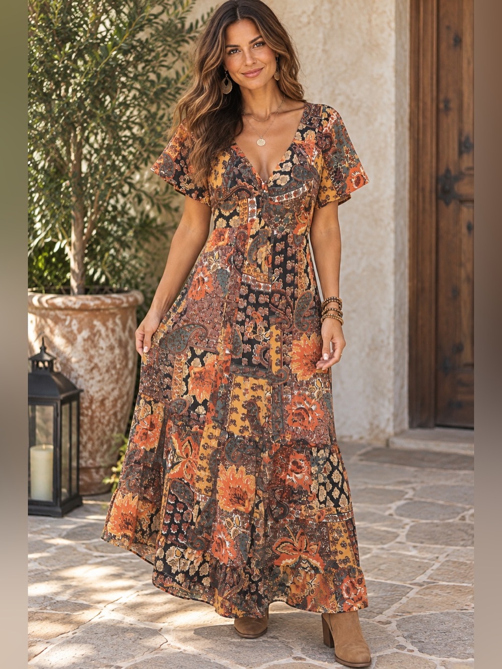 Angie Size M Boho Patchwork Paisley Floral Maxi Dress Rayon Short Sleeve A35